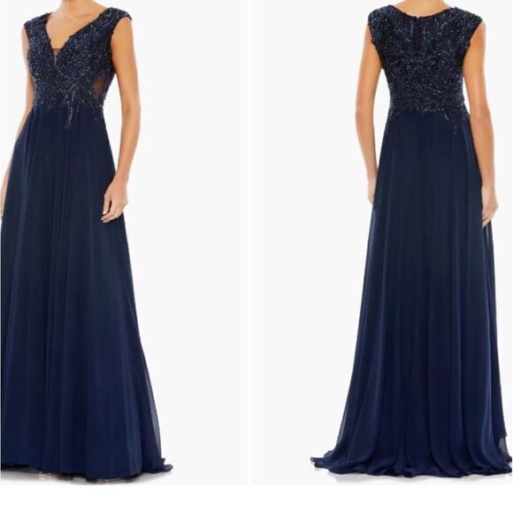 Mac Duggal 20264 Appliquéd Cap Sleeve Embellished Bodice Navy Flowy 16 NEW $598 - Picture 1 of 6